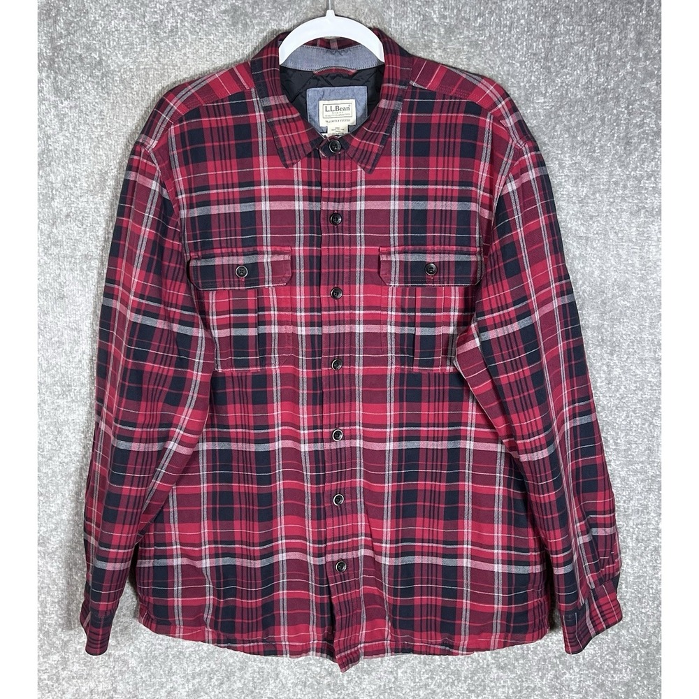 LL Bean Plaid Flannel Primaloft Shacket Mens Sz L Slightly Fitted Quilted Lining